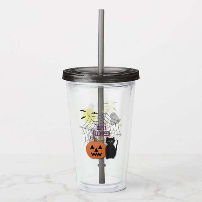 Verre En Acrylique Chat noir et Citrouille pas effrayant Halloween (Devant)