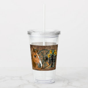 Verre En Acrylique Cheval Cowboy Boots Wagon Wheels Sunflowers Wester