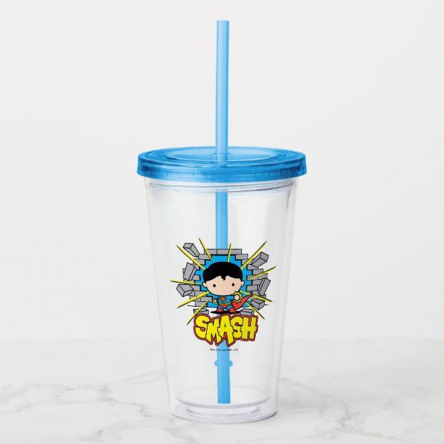 Verre En Acrylique Chibi Superman Frappant À Travers Un Mur De Brique (Devant)