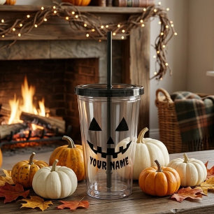 Verre En Acrylique Citrouille Personnalisée Halloween Nom Noir & Blan