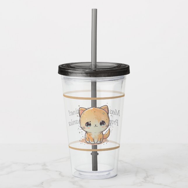 Verre En Acrylique Coussin Chat Kawaii Cute Avec Paille (Devant)