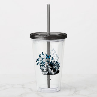 Verre En Acrylique Crâne et Papillons Bleus Gothique Gris