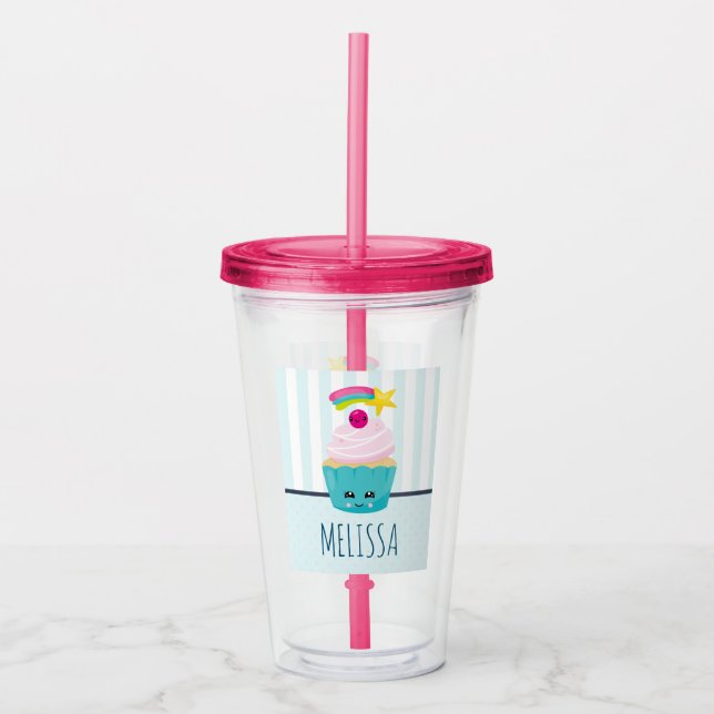 Verre En Acrylique Cupcake bleu mignon avec visage Kawaii (Devant)