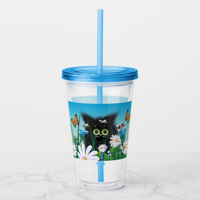 Verre En Acrylique Cute Fluffy Black Kitten et Daisy Art (Devant)