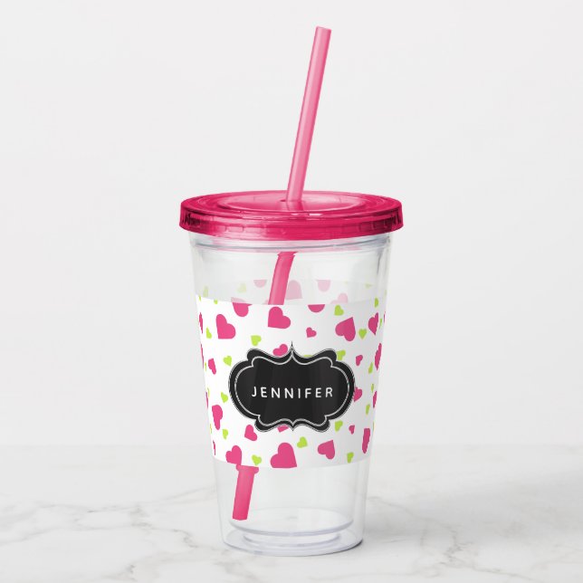 Verre En Acrylique Cute rose et vert Tumbling Hearts Motif (Dos)
