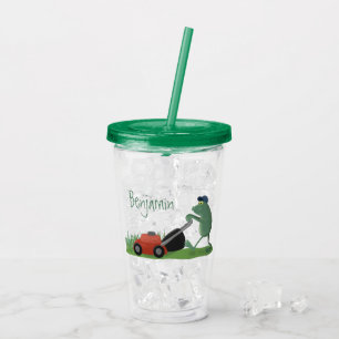 Verre En Acrylique Drôle grenouille verte tondre la pelouse dessin