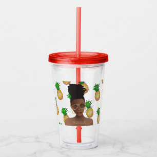 Verre En Acrylique Femme noire, Nuances d'or, Motif d'ananas