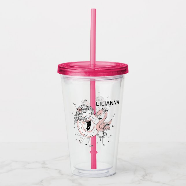 Verre En Acrylique Fille et Flamant rose (Devant)