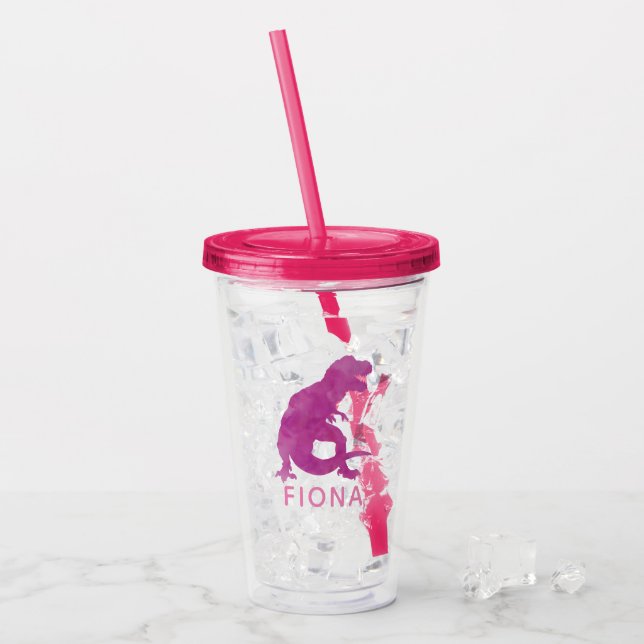 Verre En Acrylique Filles Dinosaures violettes Aquarelle Silhouette C (Devant glace)