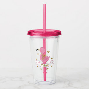 Verre En Acrylique Flamant rose rose avec nom personnalisé