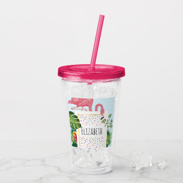 Verre En Acrylique Flamant rose rose élégant et Feuilles tropicaux (Dos glace)