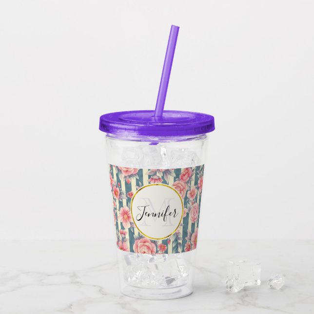 Verre En Acrylique Fleurs d'aquarelle rose sur bandes Monogramme (Dos glace)