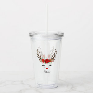 Verre En Acrylique Floral Christmas Reindeer Nom personnalisé