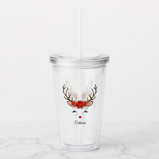 Verre En Acrylique Floral Christmas Reindeer Nom personnalisé (Devant)