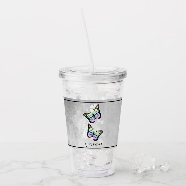 Verre En Acrylique Floral papillon arc-en-ciel personnalisé (Devant glace)