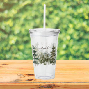 Verre En Acrylique Forêt aquarelle de monogramme et montagne Rustique