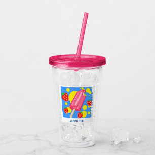 Verre En Acrylique Fun Popsicle rose et fraises Bonjour été