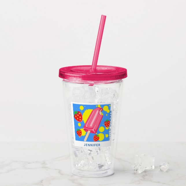 Verre En Acrylique Fun Popsicle rose et fraises Bonjour été (Dos glace)