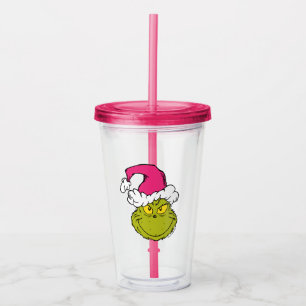 Verre En Acrylique Grinch avec chapeau de Père Noël rose