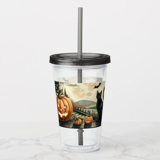 Verre En Acrylique Halloween/Automne/Automne/citrouille/chat (Devant)