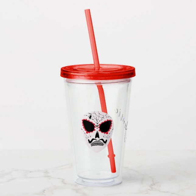 Verre En Acrylique Halloween Crâne sucre visage Script Monogramme (Gauche)