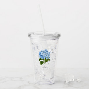 Verre En Acrylique Hydrangea Fleur Bleue Classique avec Nom
