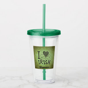Verre En Acrylique I Heart Irlandais Nom du Shamrock Monogram Initial