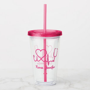 Verre En Acrylique Infirmière personnalisée rose Nom Stethoscope Coeu