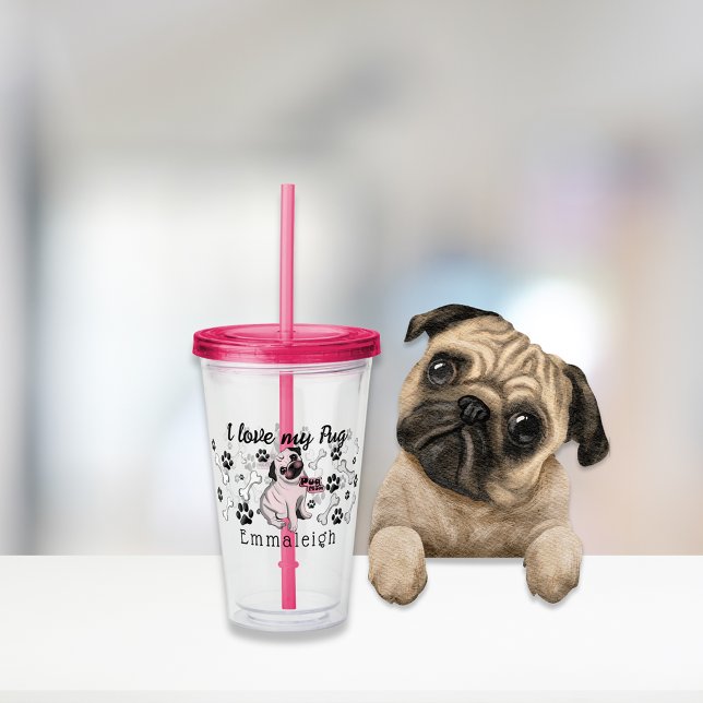 Verre En Acrylique J'aime mes Empreintes de pattes de chien Carlin (Créateur téléchargé)