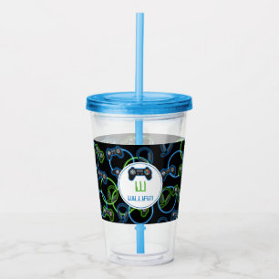 Verre En Acrylique Jeu vidéo Neon Blue & Green Motif Monogramme