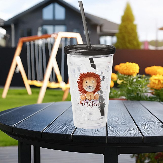 Verre En Acrylique Joli lion dessiné à la main enfants personnalisés (Créateur téléchargé)