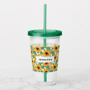Verre En Acrylique Joli tournesol Jaune et Motif vert