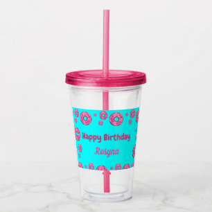 Verre En Acrylique Joyeux anniversaire crème rose beignets bleu