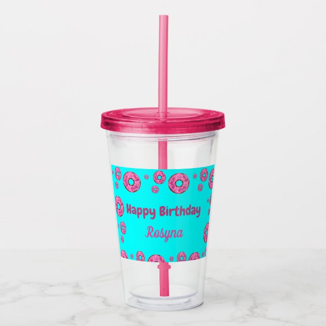 Verre En Acrylique Joyeux anniversaire crème rose beignets bleu (Devant)