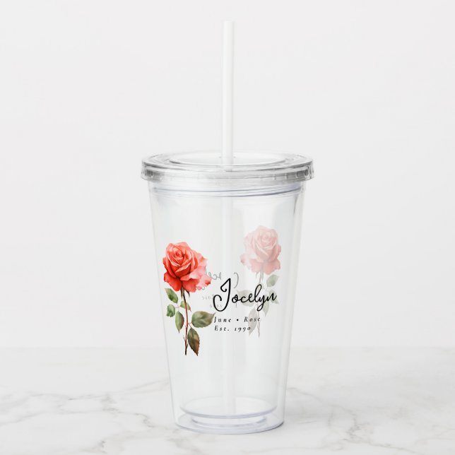 Verre En Acrylique Juin Mois de naissance Fleur Rose personnalisé (Devant)