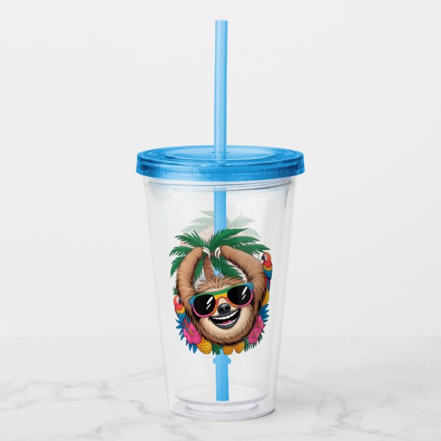 Verre En Acrylique Kawaii Tropical Sloth – Cute Summer Vibes Rainbow  (Devant)