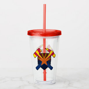 Verre En Acrylique Logo du marteau de rock du géologue et du drapeau