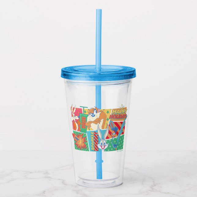 Verre En Acrylique LOONEY TUNES™ | Joyeux Motif de vacances (Devant)
