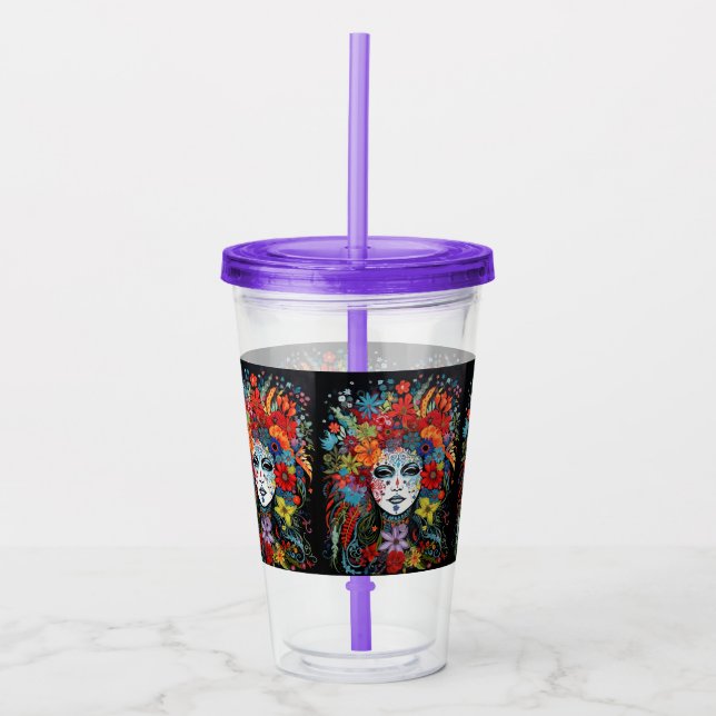 Verre En Acrylique Mardi Gras Party Masque & Coiffure Purple Paille & (Devant)