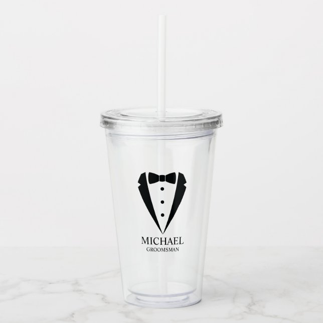 Verre En Acrylique Mariage noir Tuxedo Suit Groomsmen personnalisé (Devant)