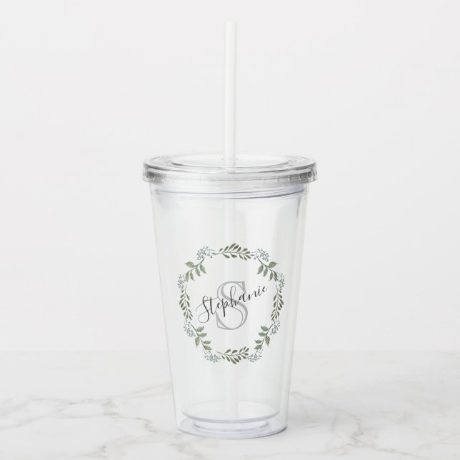Verre En Acrylique Monogramme de couronne botanique de verdure de sab (Devant)