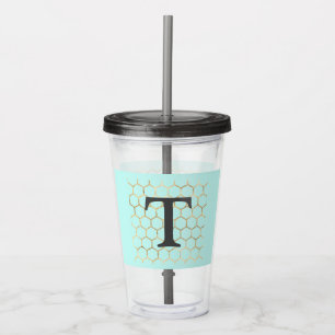Verre En Acrylique Monogramme Hexagone Doré Turquoise Vert Féminin