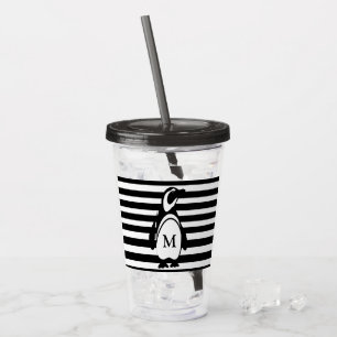 Verre En Acrylique Monogramme rayé noir et blanc de pingouin