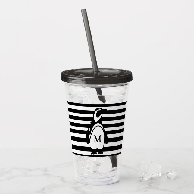 Verre En Acrylique Monogramme rayé noir et blanc de pingouin (Devant glace)