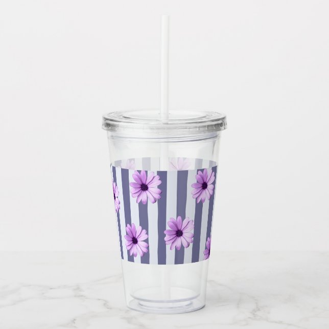 Verre En Acrylique motif rayé avec marguerites violettes (Devant)
