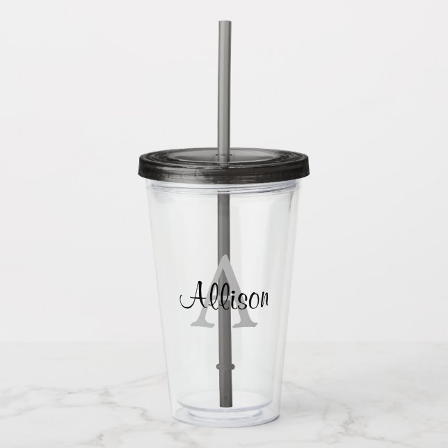 Verre En Acrylique Nom personnalisé Monogramme noir blanc (Devant)