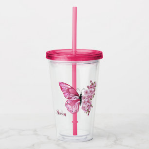 Verre En Acrylique Paruline à fleurs de papillon avec nom personnalis