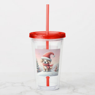 Verre En Acrylique Petit chiot de Noël en chapeau santa