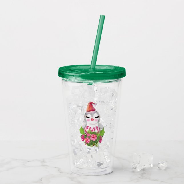 Verre En Acrylique Pingouin de Noël mignon à Santa Hat (Dos glace)