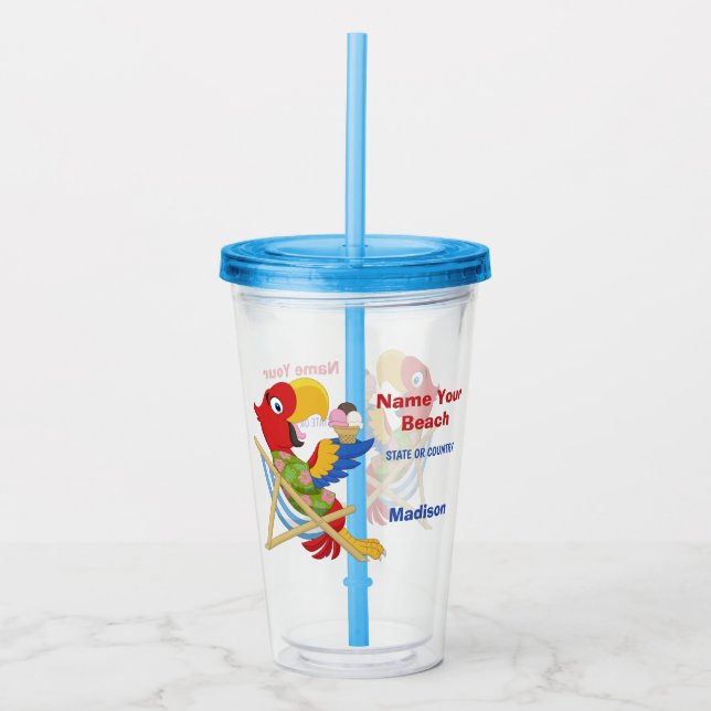 Verre En Acrylique Plage Macaw nom personnalisé & tumblings texte (Devant)